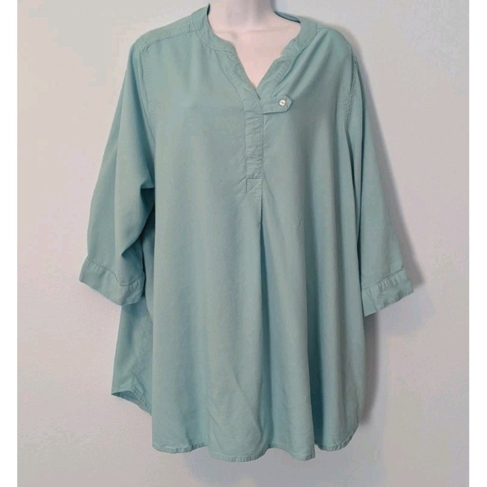 Woman Within Light Weight Rayon Top 1X Azure 3/4 Sleeve Button Tab Placket